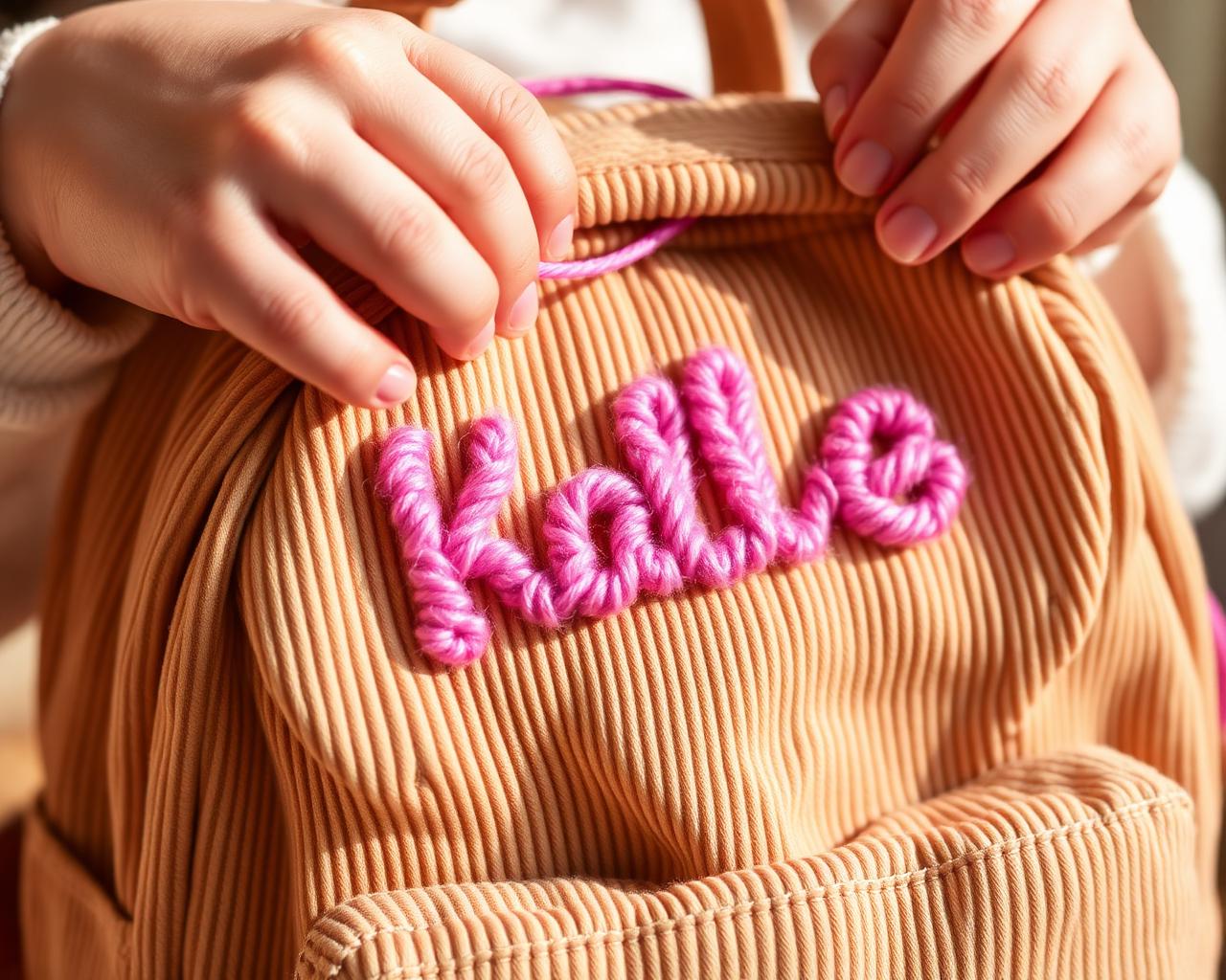 Artisan embroidering a child's name in pink yarn