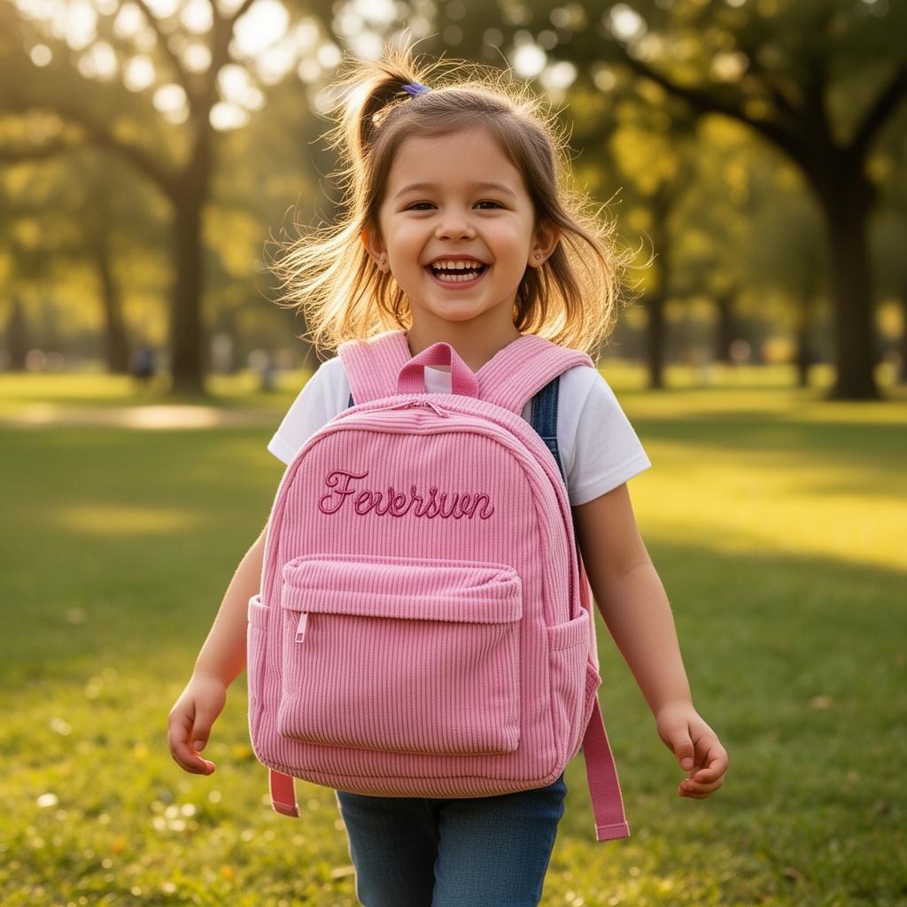 Happy little girl wearing a personalized pink knitted backpack in the park